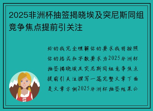 2025非洲杯抽签揭晓埃及突尼斯同组竞争焦点提前引关注